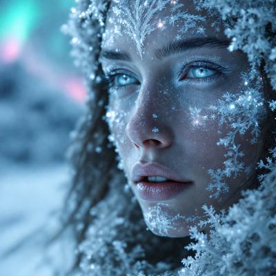 The primary subject of the image is a woman with blue eyes, wearing a snowy costume and surrounded by snowflakes. She has a blue and white color scheme, which adds to the overall atmosphere of the scene. The setting is a snowy environment, with the woman standing in the snow and surrounded by snowflakes. The visual style of the image is a combination of photo and digital art, creating a unique and captivating scene.